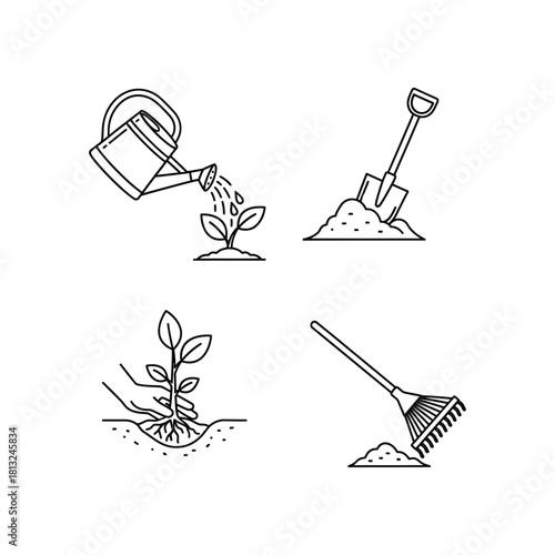 Gardening Tools Line Art Icons Set watering can plant shovel rake planting soil agriculture horticulture cultivation farming sprout