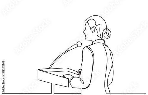 continuous line drawing of a woman standing at a podium, speaking into a microphone with expressive hand gestures.Concept of speech, presentation, speaker, conference, and giving instructions.