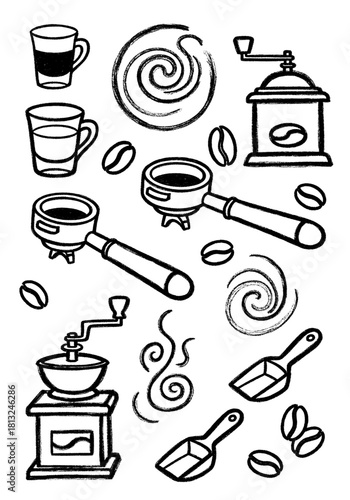 Grunge Doodle Coffee Elements Set: Hand-Drawn Sketch Icons Featuring Grinders, Portafilters, Cups, and Beans for Cafe Menu or Packaging Design