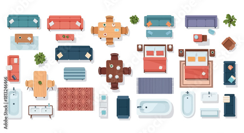top view furniture collection illustrating modern home layouts interior design elements and architectural floor plan concepts.