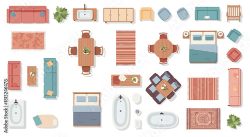 top view modern furniture and home decor items for interior design layouts architectural floor plans digital room staging.
