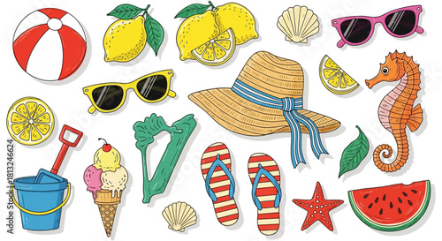 summer vacation items vibrant hand-drawn collection of beach items tropical fruits and accessories for summer fun.
