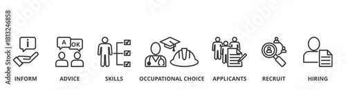 Job fair banner vector illustration concept with icon of the inform, advice, skills, occupational choice, applicants, recruit and hiring