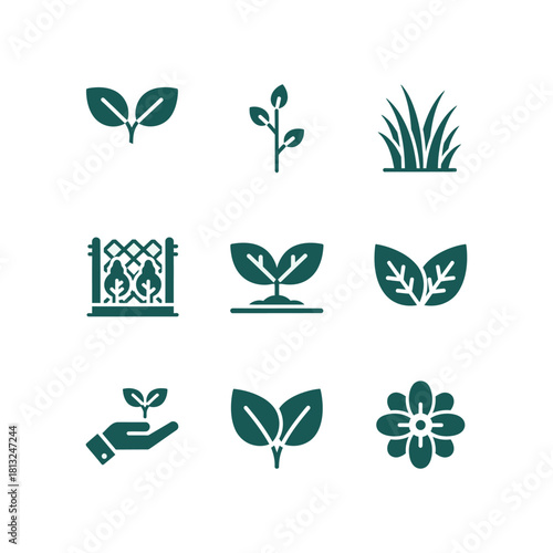 Plant and Nature Icon Set leaf grass flower sprout growth seedling hand garden botany agriculture environment eco organic vector
