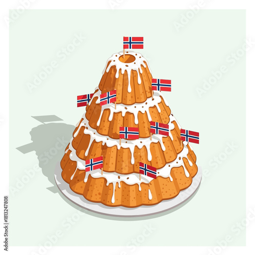 Traditional Norwegian Kransekake Cake Illustration with Flags and White Icing for Celebration