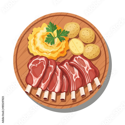 Raw Lamb Chops with Mashed and Boiled Potatoes on Wooden Plate Illustration