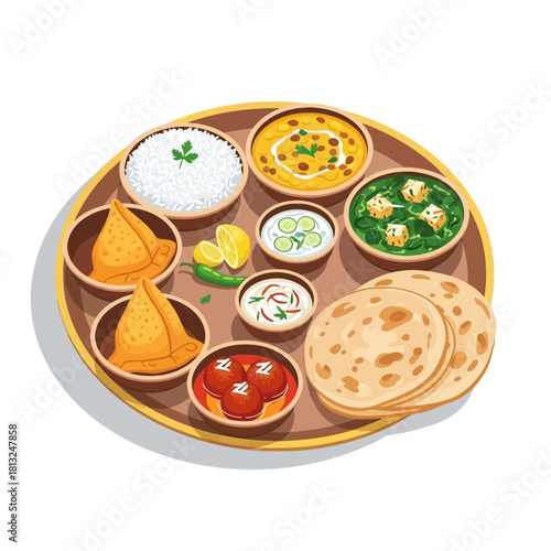 Traditional Indian Thali Illustration with Rice, Curry, Samosa, Flatbread, and Dessert