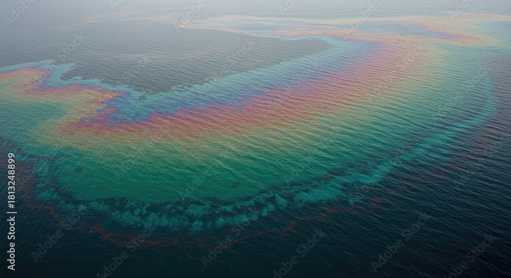 Obraz premium Aerial View of Oil Spill Rainbow Sheen on Ocean Surface