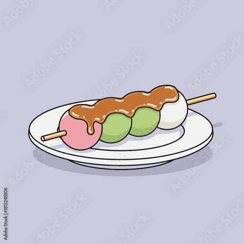 Cute Cartoon Mitarashi Dango Illustration on a Plate