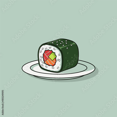 Single Maki Sushi Roll Illustration on Plate