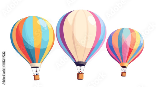 Vibrant illustration of three colorful hot air balloons isolated on white background in a playful cartoon style