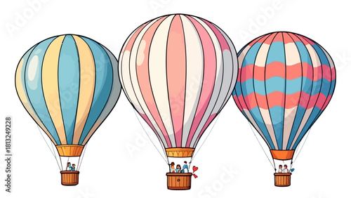 Vibrant illustration of three colorful hot air balloons isolated on white background in a playful cartoon style