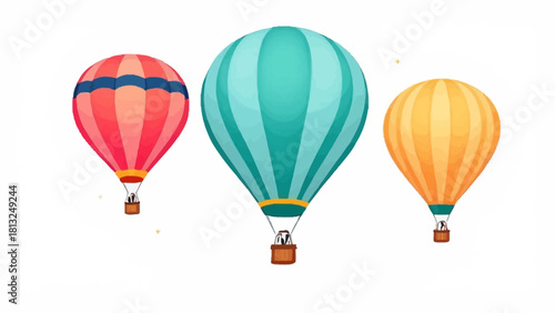 Vibrant illustration of three colorful hot air balloons isolated on white background in a playful cartoon style