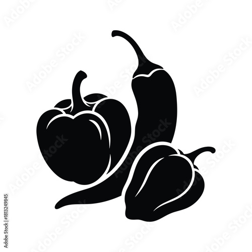 Black silhouette of bell peppers and chili pepper on white background capsicum vegetable