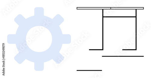 Large gear shape next to minimal table outline with abstract lines underneath. Ideal for technology, engineering, process, development, efficiency, planning, simple flat metaphor
