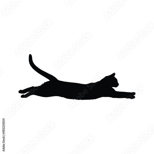 Black cat silhouette leaping and stretching across a white background feline animal