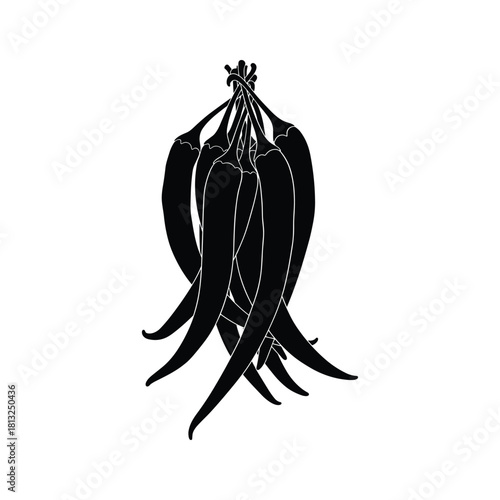 Black silhouette of a bunch of chili peppers tied together vector black and white