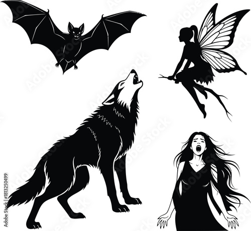 Minimalist solid black silhouettes of vampire bat, werewolf, dark fairy, and banshee for vector use