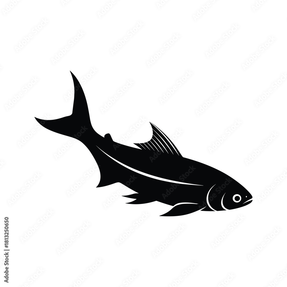 Obraz premium Black silhouette of a fish with fins and tail on white background animal