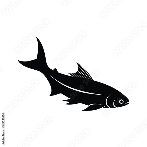Black silhouette of a fish with fins and tail on white background animal