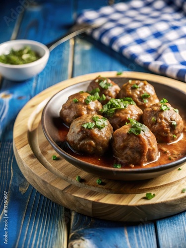 A tender and juicy meatball feast in a rich and savory sauce, garnished with fresh parsley and served on a rustic wooden plate