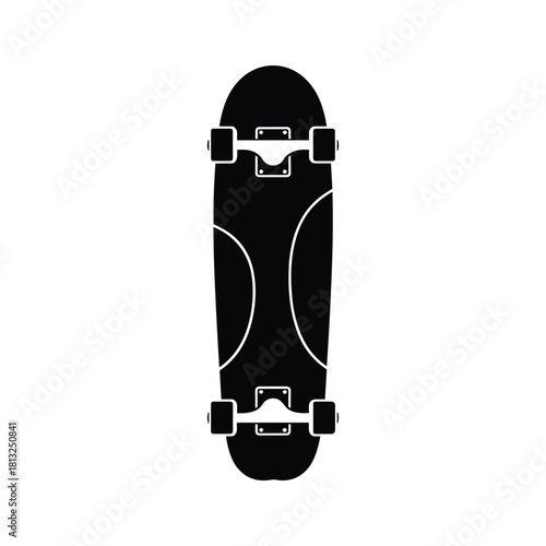 Black silhouette of a longboard skateboard with white curved lines vector