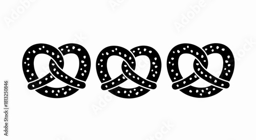Vector illustration of three black and white stylized pretzel icons arranged horizontally, isolated on a white background