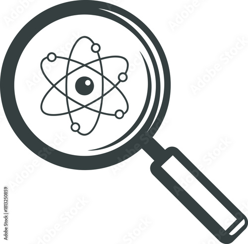 Monochrome line-art icon of a magnifying glass focused on an atom symbol. Excellent vector for scientific research, physics, chemistry, atomic structure, detailed investigation, or deep analysis.