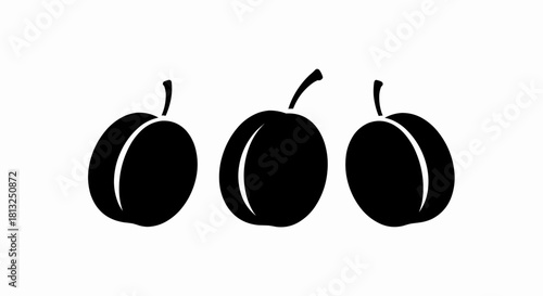 Vector illustration of three stylized black plum fruit icons with stems, isolated on a white background