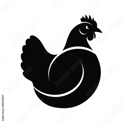 Black silhouette of a hen with stylized curved lines on white background chicken bird