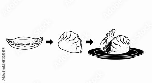 Vector illustration of black and white illustration showing the stepbystep process of making a dumpling isolated on a white background