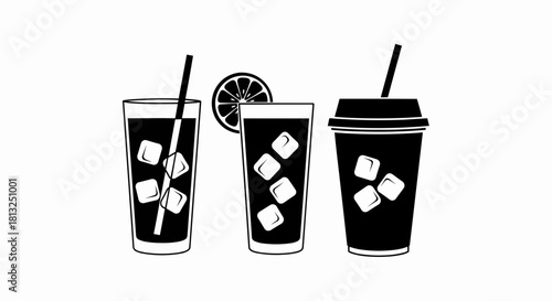 Vector illustration of collection of three iced beverage icons with straw and lemon slice, isolated on a white background