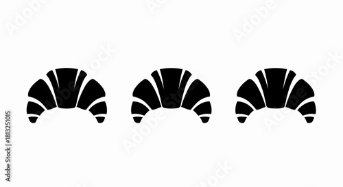 Vector illustration of three black stylized croissant icons in a row, isolated on a white background