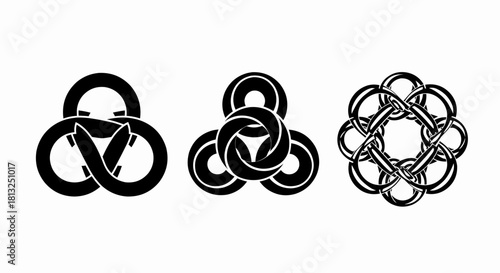 Vector illustration of collection of three black and white celtic knot designs isolated on a white background