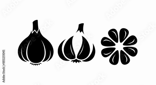 Vector illustration of black and white silhouette icons representing a whole garlic bulb, a split bulb, and cloves isolated on a white background