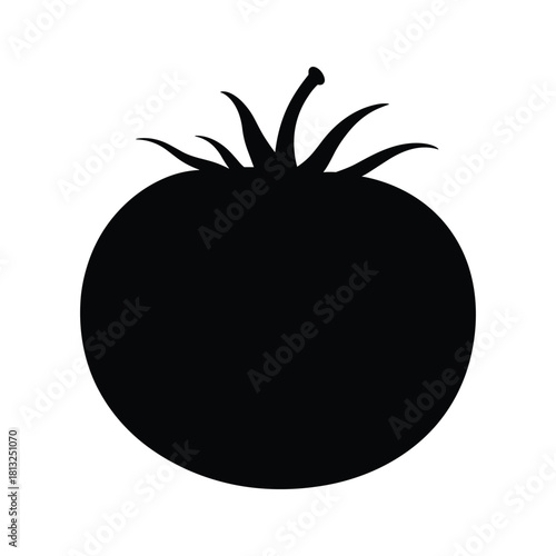 Black silhouette of a ripe tomato with green leaves on white background vector