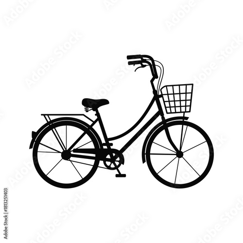 Black silhouette of a vintage bicycle with front basket and rear rack bike white background