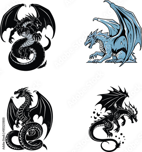 Minimalist solid black silhouettes of shadow dragon, ice wyrm, magma serpent, and thunder drake vectors