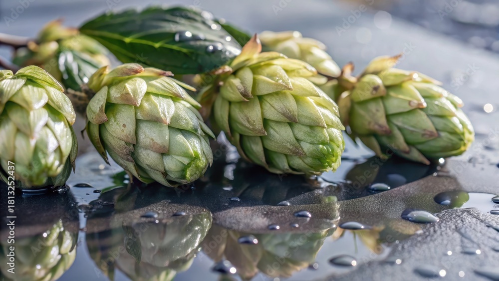 Fototapeta premium Early morning dew glistens on a bed of fresh hops, revealing their delicate botanical details
