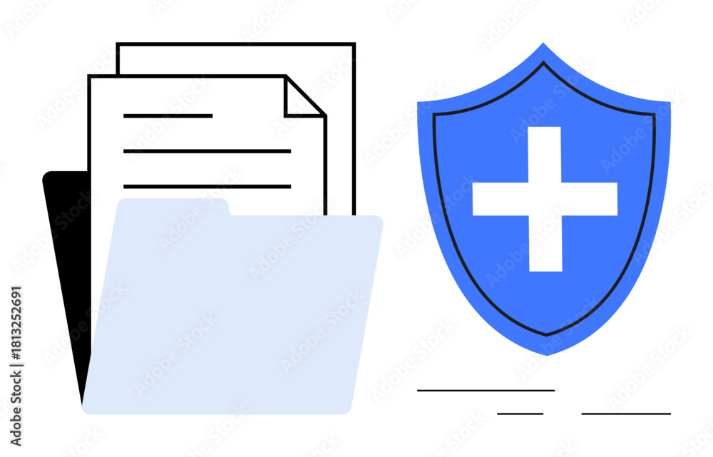Obraz premium Open folder with stacked papers alongside a blue shield with a cross. Ideal for privacy, cybersecurity, medical records, compliance, safe storage, trust, and security themes. Simple flat metaphor