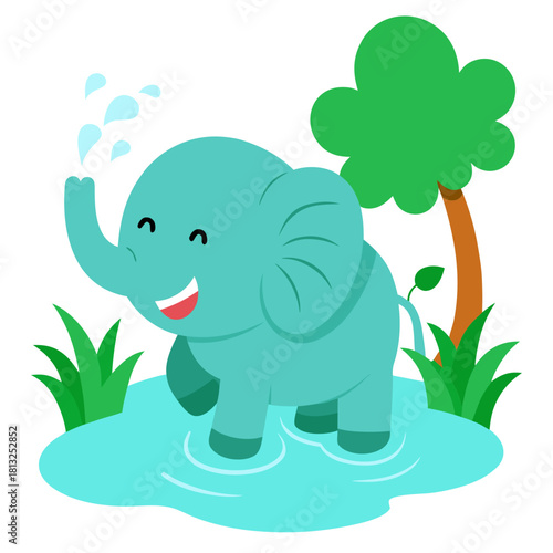 Happy Elephant Splashing Water in Jungle River 