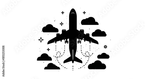 overhead black airplane silhouette flying through starry night sky clouds dotted flight path global air travel journey.
