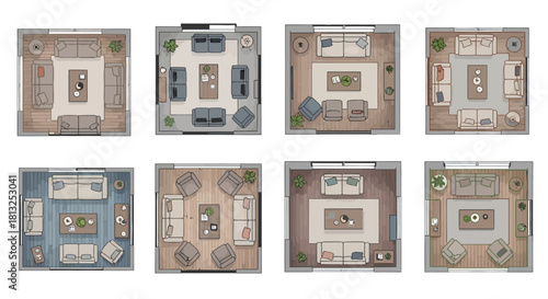 overhead view modern living room floor plans showcasing diverse furniture arrangements for interior design and residential layouts.