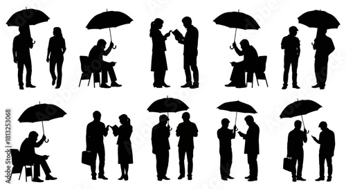 silhouettes of diverse people under umbrellas walking sitting and interacting in urban settings ideal for graphic design and weather concepts.