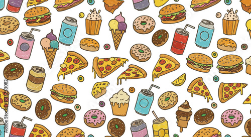 playful hand-drawn fast food seamless pattern of burgers pizza donuts and drinks on white ideal for vibrant backgrounds and branding.