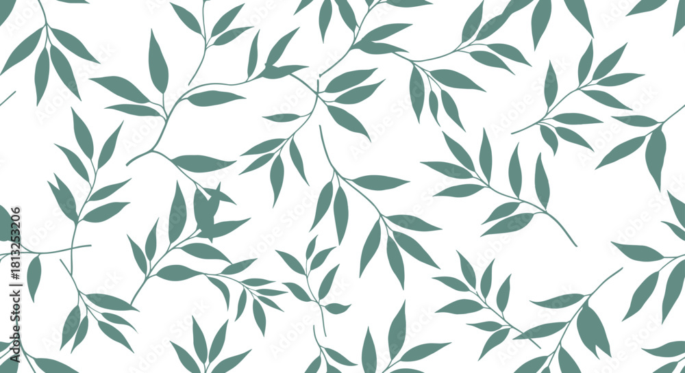 Naklejka premium seamless botanical pattern with delicate green leaves on white background ideal for natural organic design aesthetics.