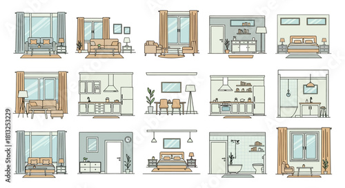 modern home interior designs and room outlines collection illustrating various apartment layouts for architectural planning.