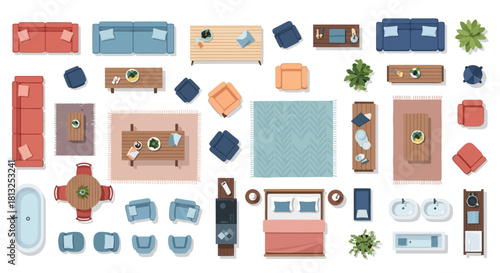 modern top view furniture and home accessories for architectural floor plans interior design layouts and house layouts.