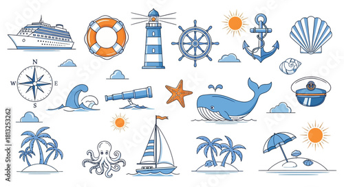 nautical and marine travel icons set with cruise ship lighthouse anchor whale sailboat compass and beach elements for summer vacation graphic design.