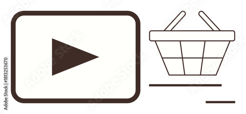 Play button inside a rectangle near a shopping basket outline. Ideal for e-commerce, online shopping, digital marketing, advertising, video content, consumer behavior, simple flat metaphor